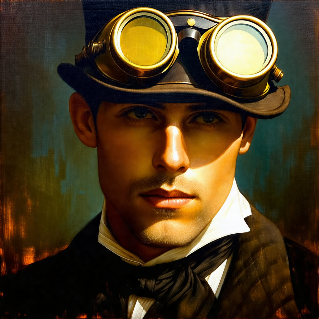 Man wearing a top hat and goggles, giving him a distincti...