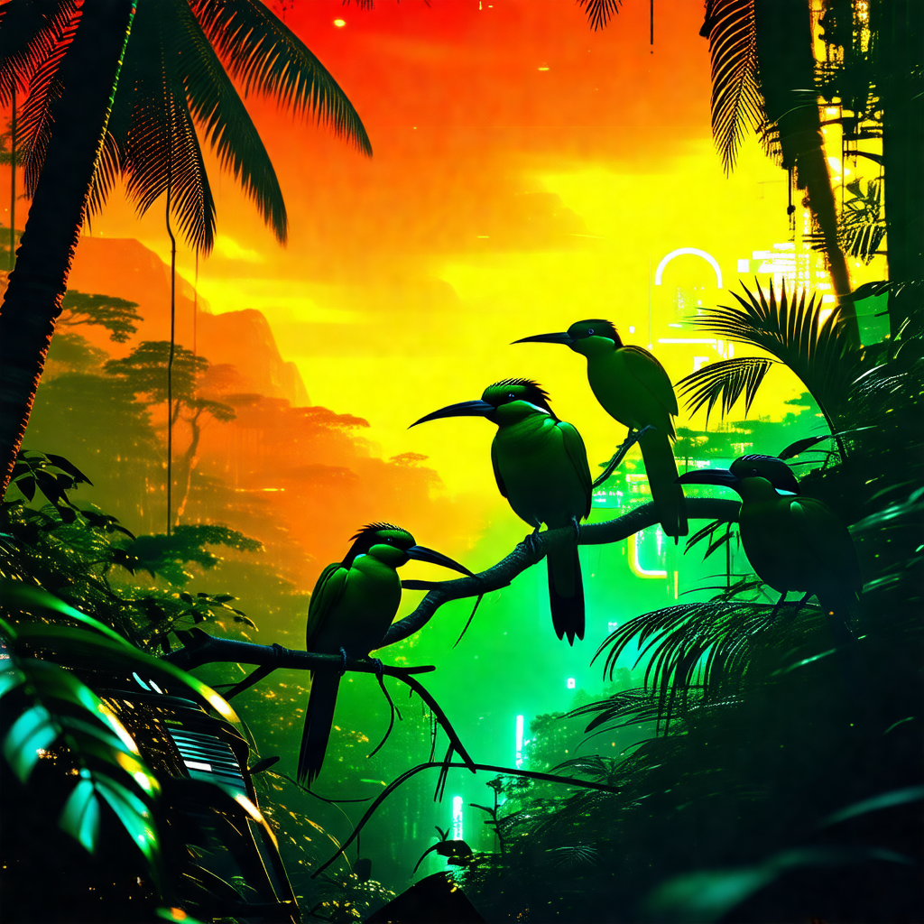 Lush green forest with a group of birds perched on tree b...