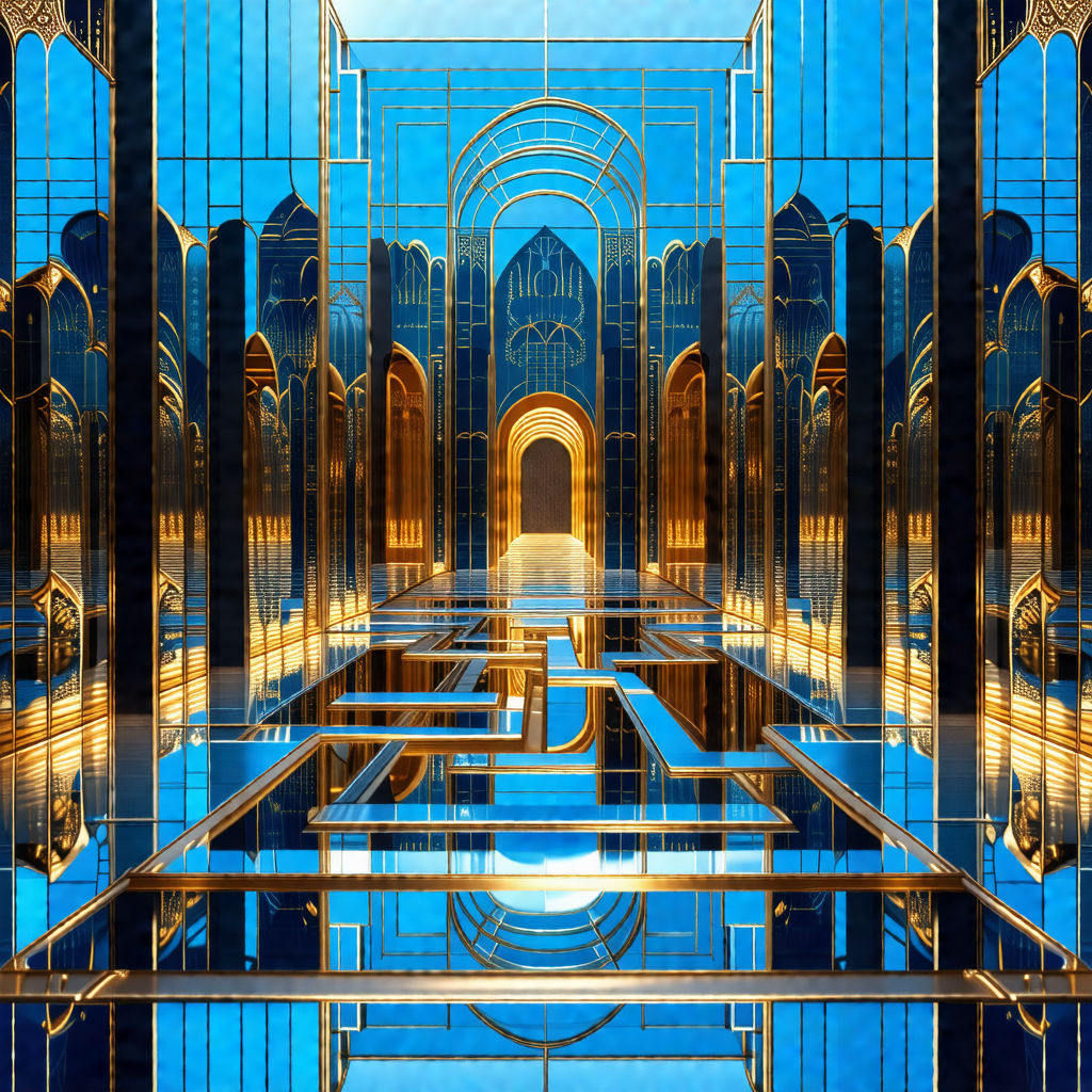 Painting of a large, ornate building with a blue and gold...
