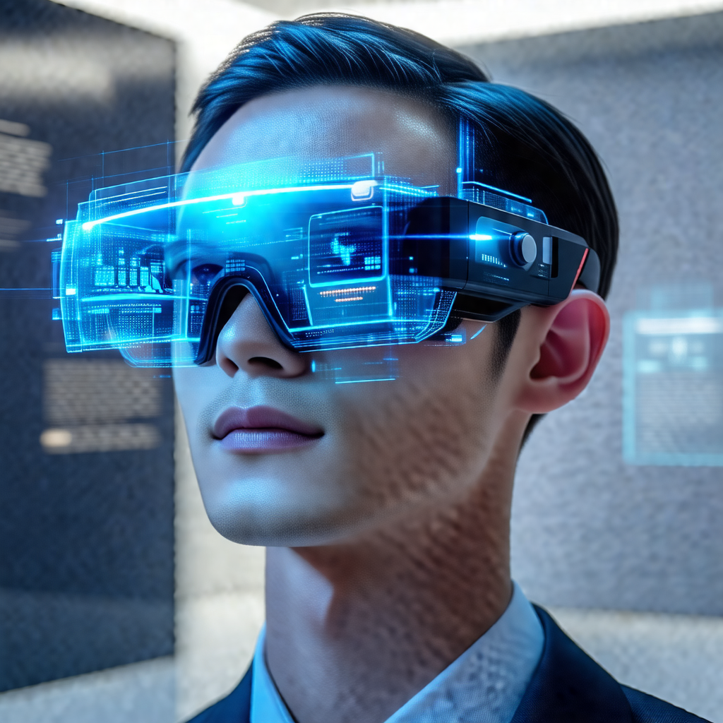 Man wearing a suit and tie, with a pair of futuristic-loo...