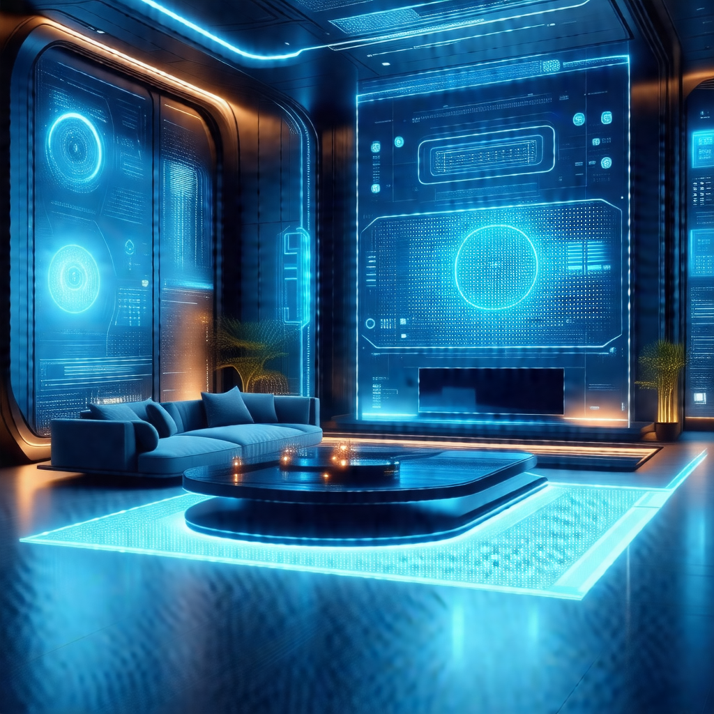 Futuristic living room with a blue and white color scheme