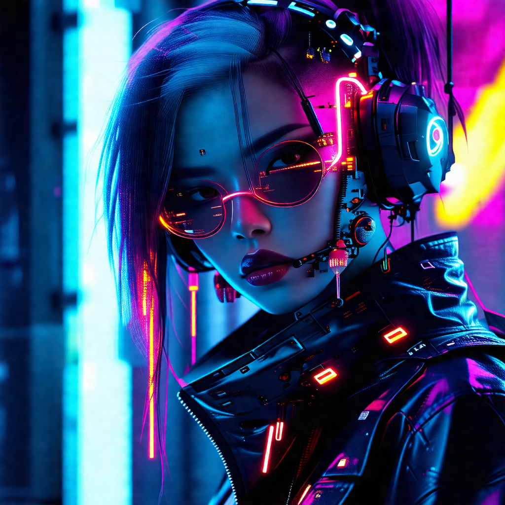 Woman wearing a futuristic outfit, including a black jack...