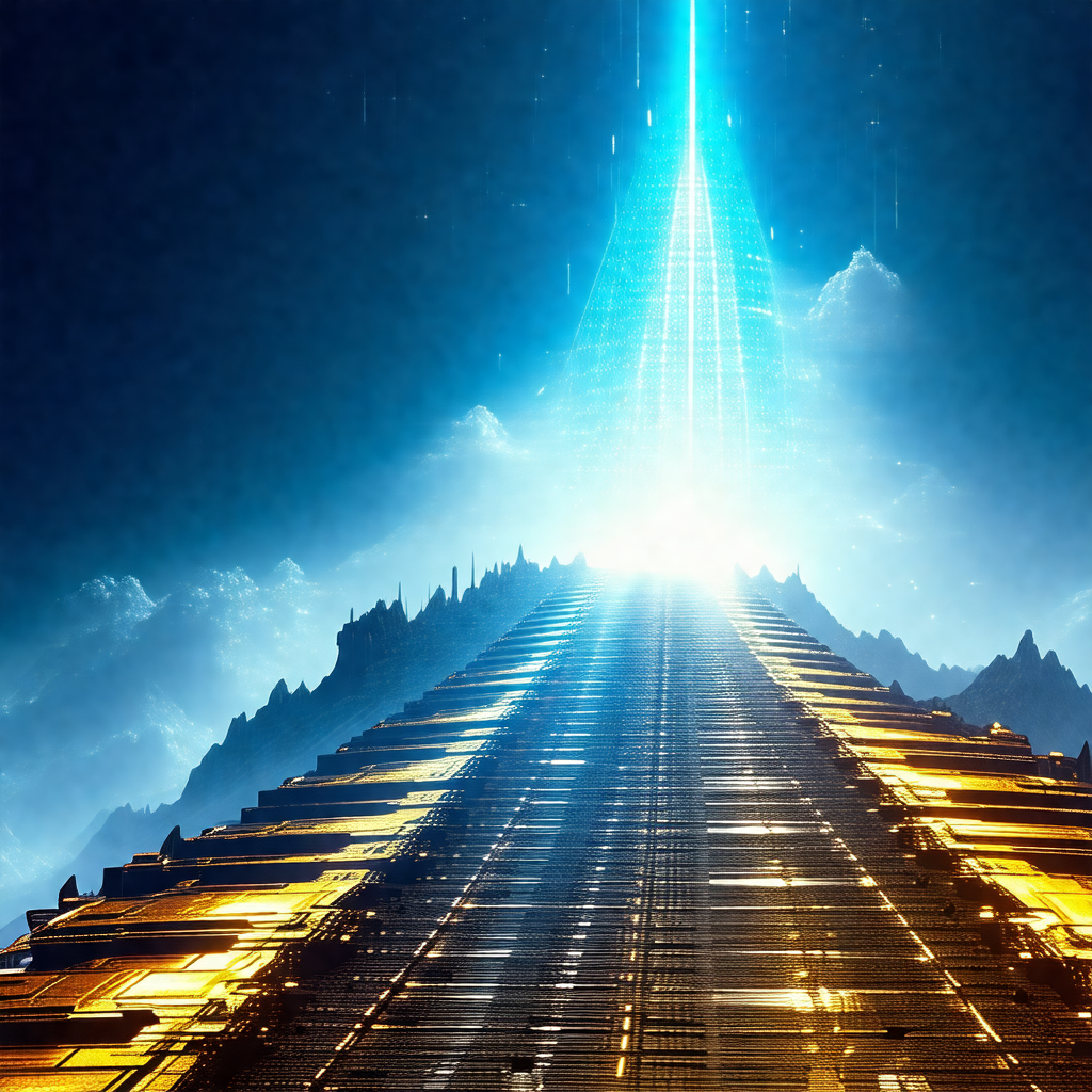 Futuristic cityscape with a long, narrow bridge that stre...