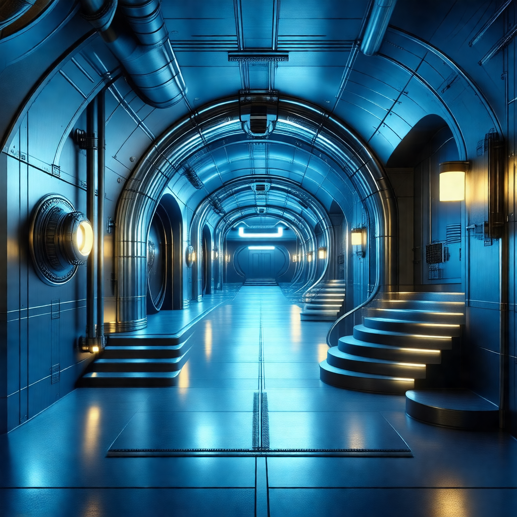 Blue-toned, futuristic scene of a large, long hallway wit...