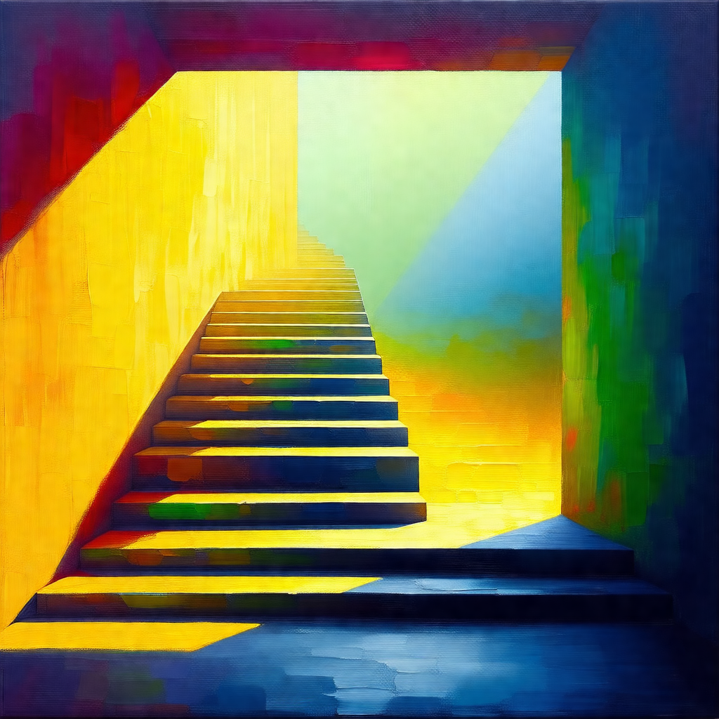 Staircase with a yellow and blue color scheme