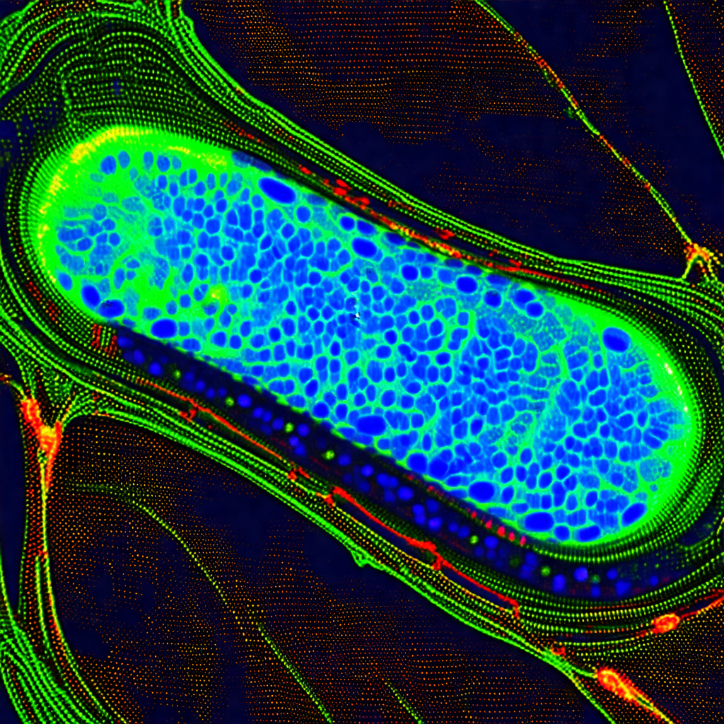 Close-up of a blue and green cell, possibly a plant cell,...
