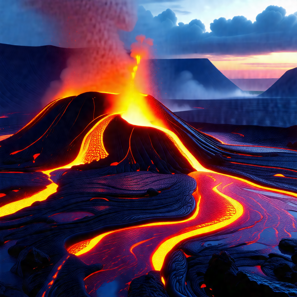 Large, red, and orange lava flow, with a mountain in the ...