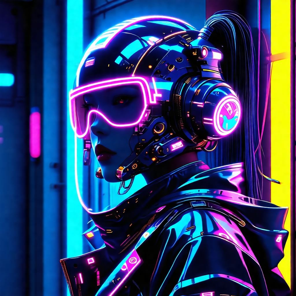 Woman wearing a futuristic, glowing helmet and a black ja...