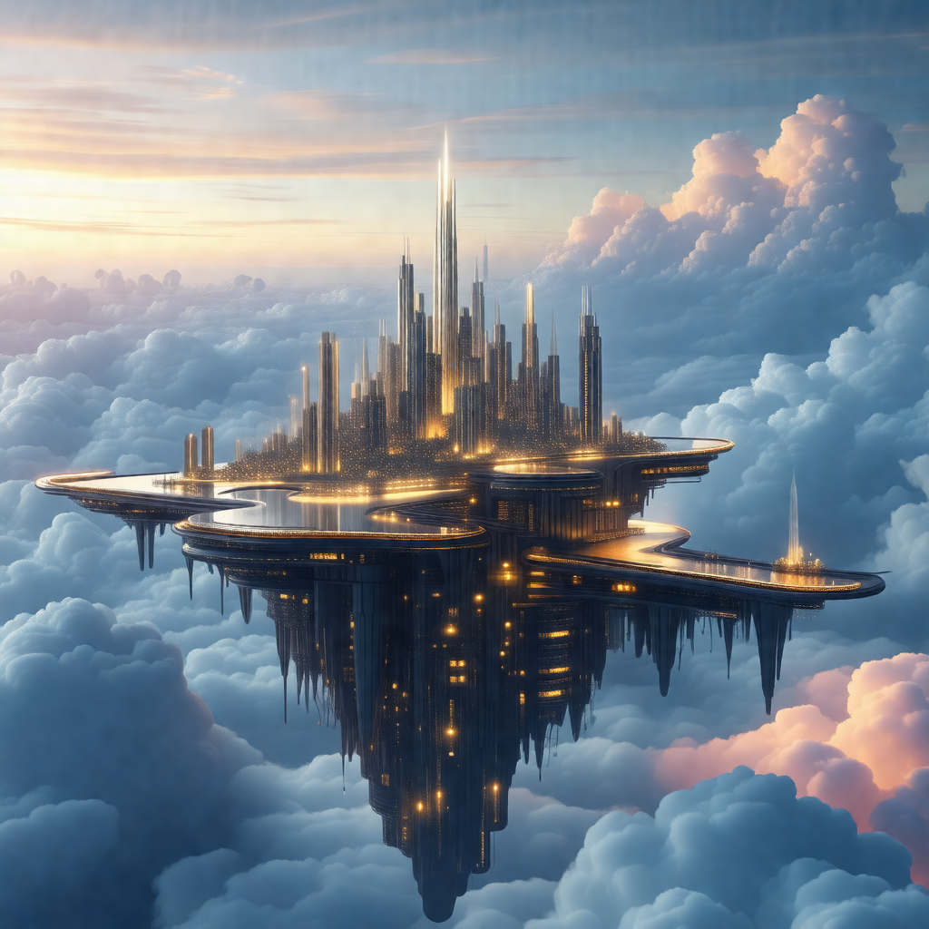 Futuristic city floating in the sky, surrounded by clouds