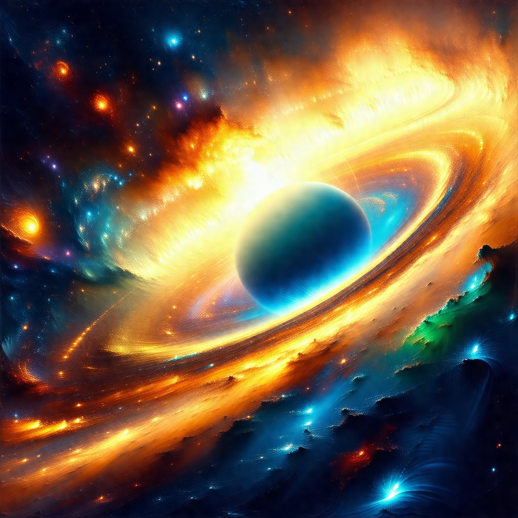 Colorful and detailed painting of a planet, likely a gas ...