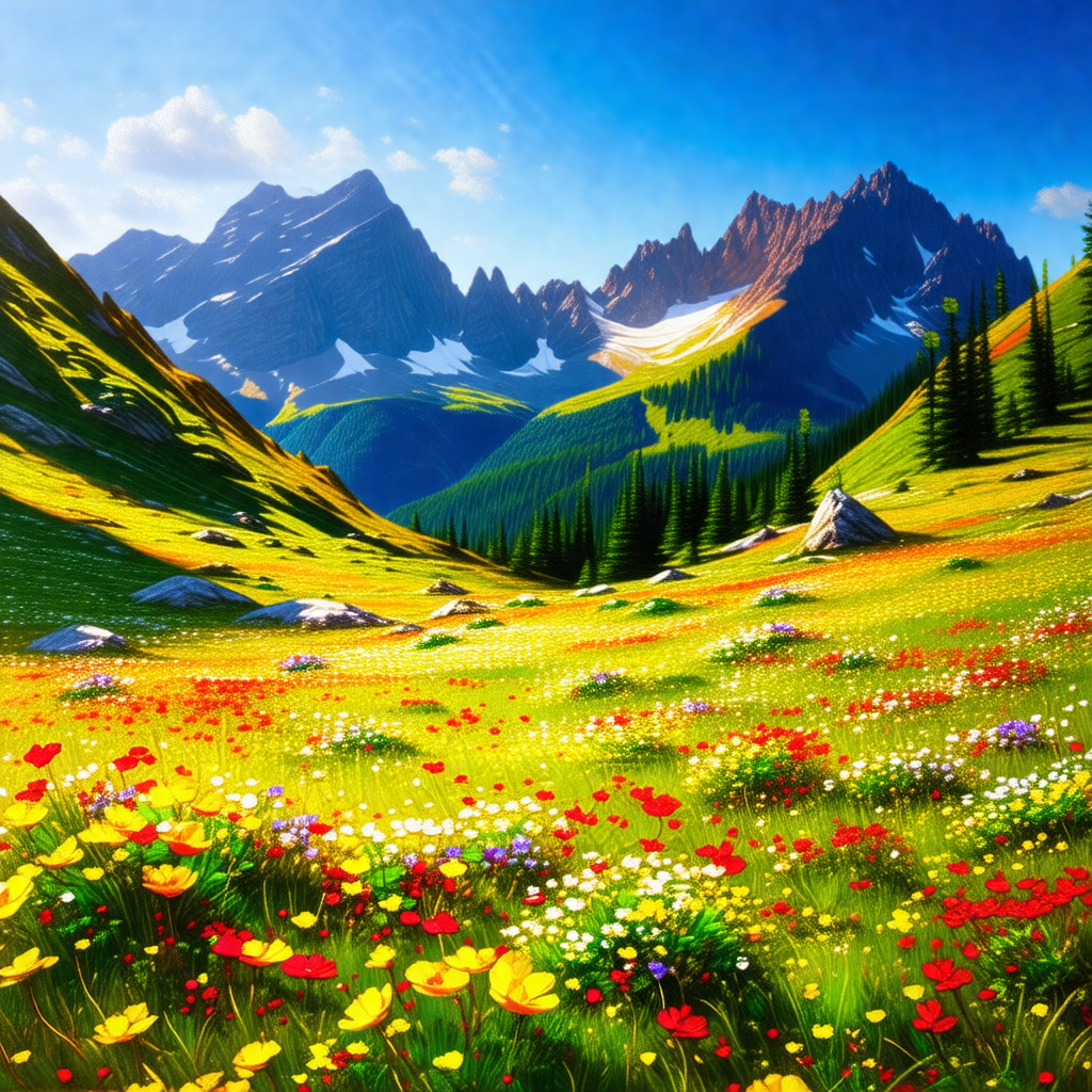 Painting of a beautiful mountain landscape with a field o...