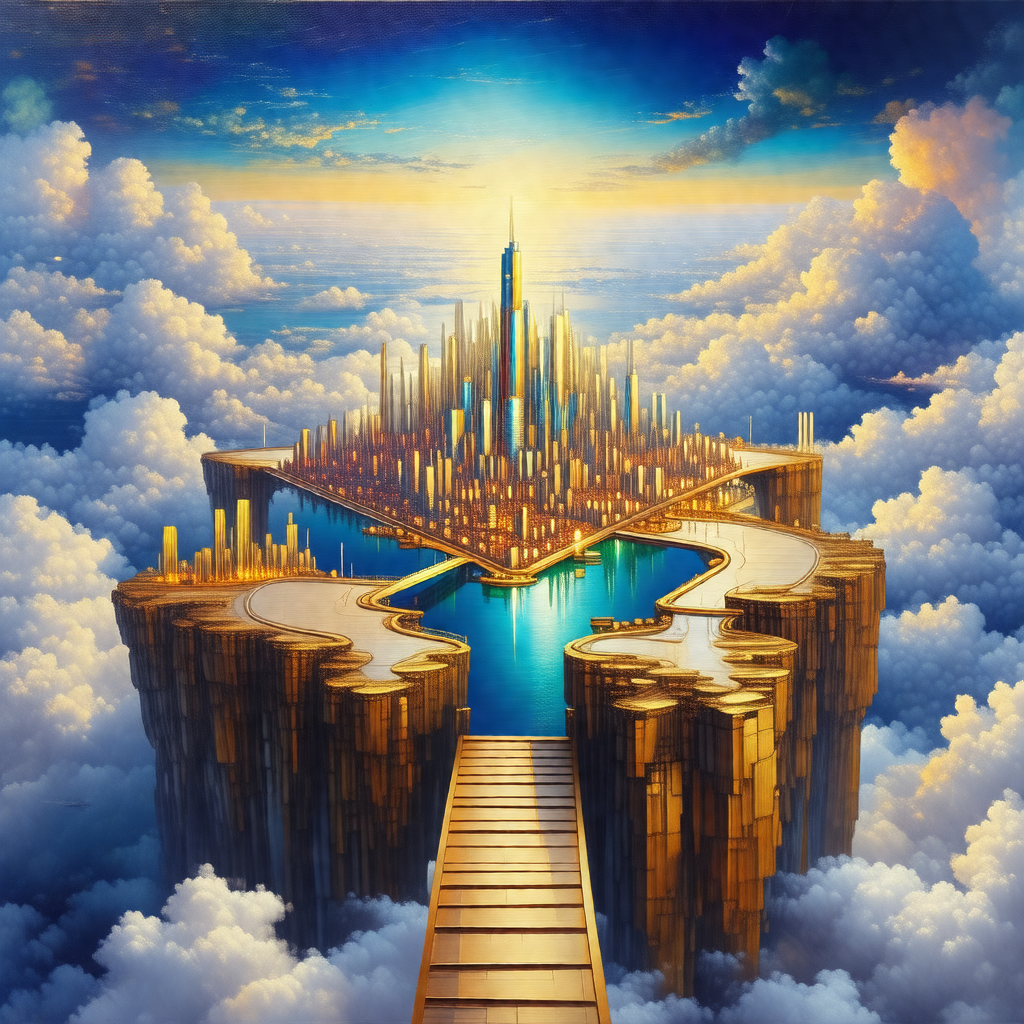 Painting of a cityscape with a large tower in the center