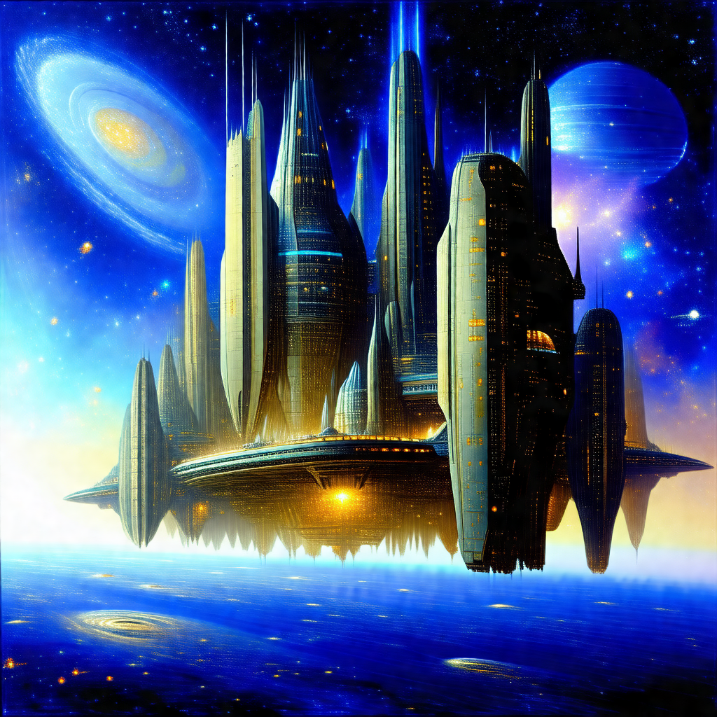 Futuristic painting of a city with a large number of skys...