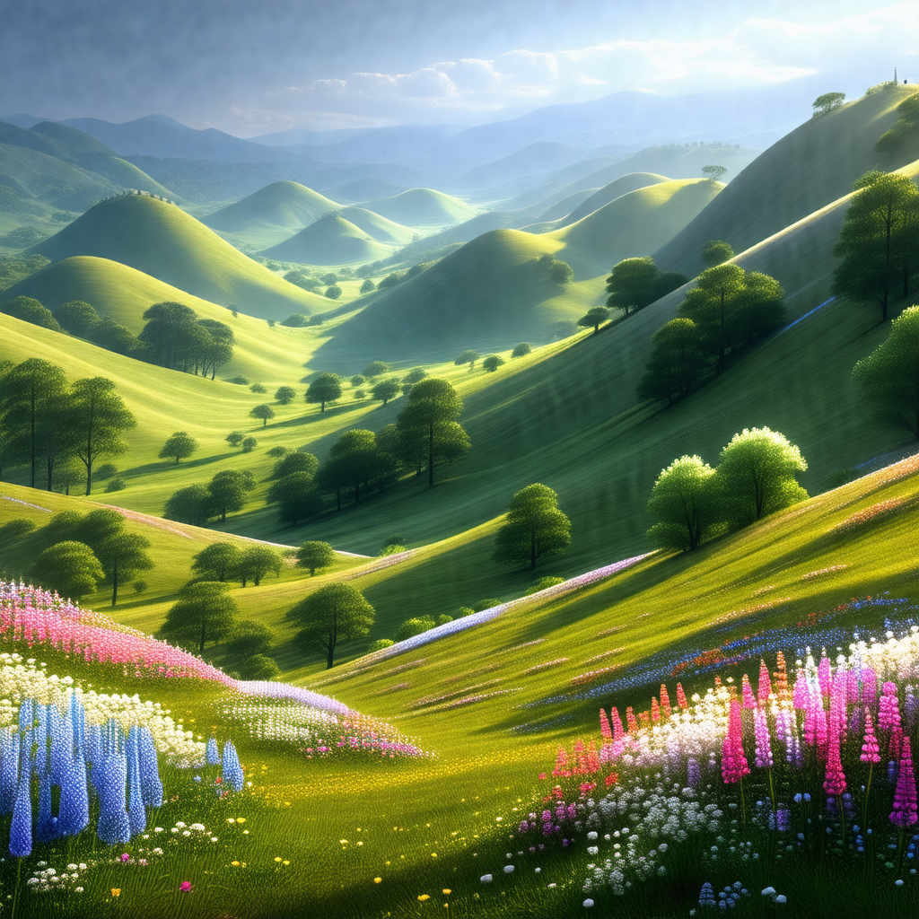Lush green hillside with a beautiful mountain range in th...