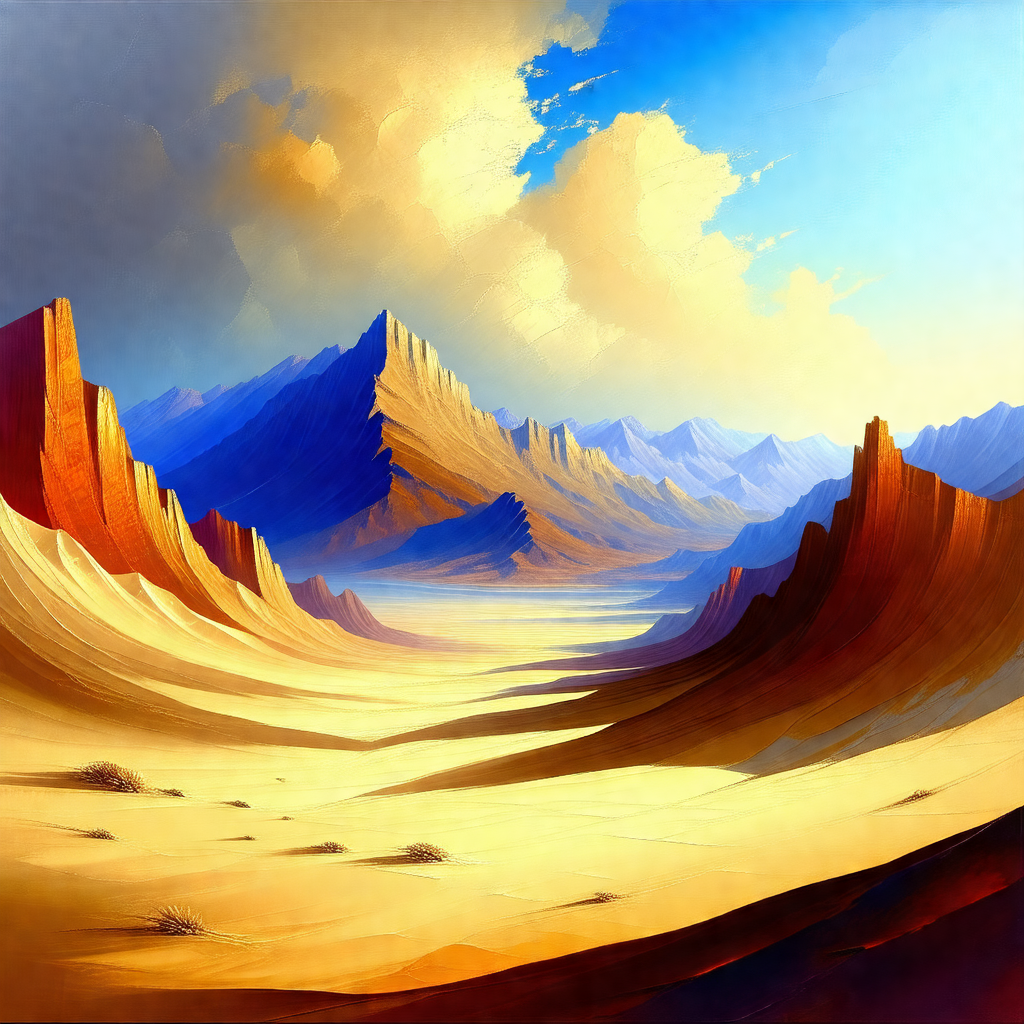 Painting of a desert landscape with a mountain range in t...