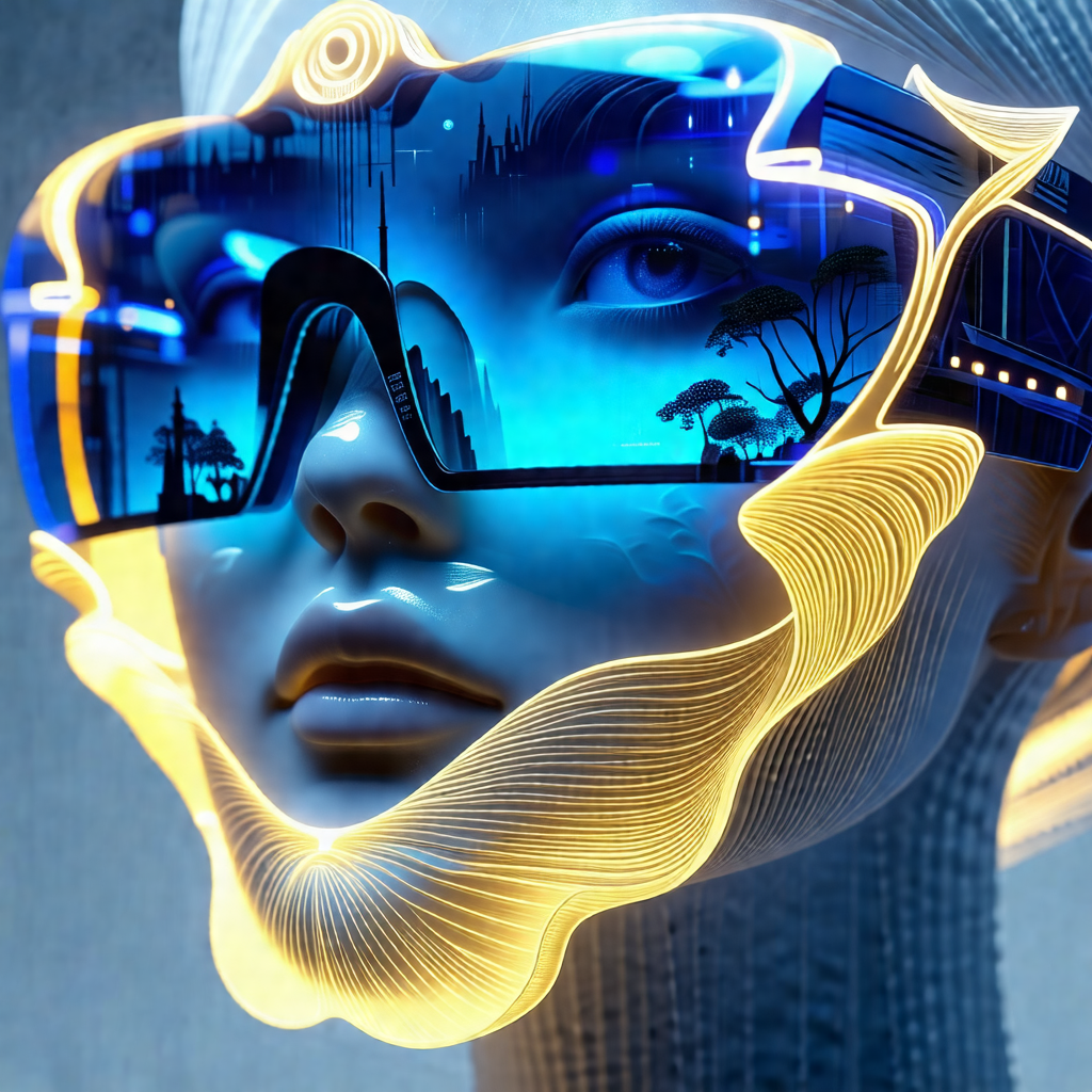 Futuristic, robotic-looking head with a pair of glowing g...