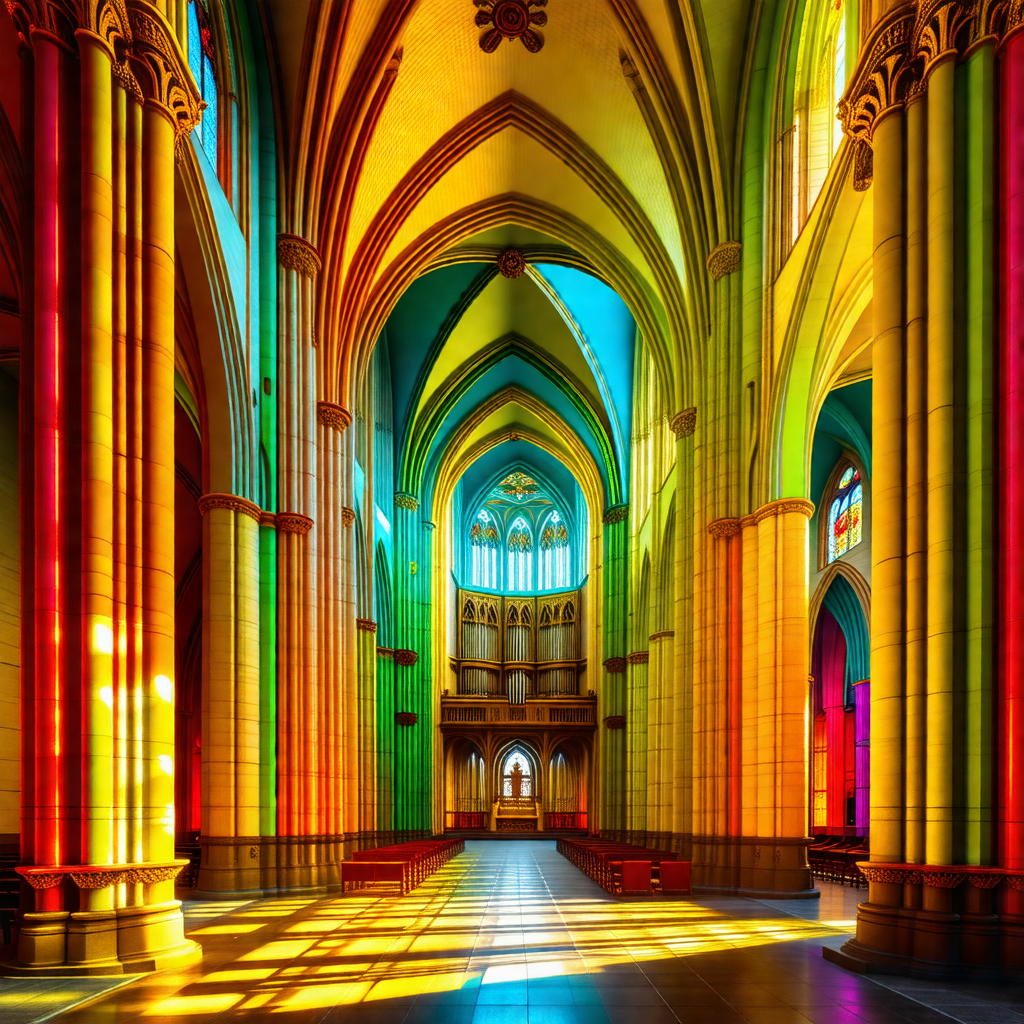 Large, colorful cathedral with a long, narrow hallway