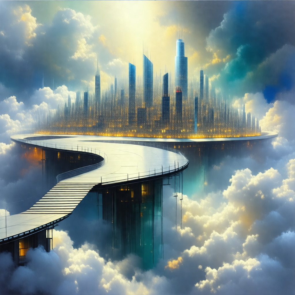 Painting of a futuristic cityscape, featuring a large, cu...