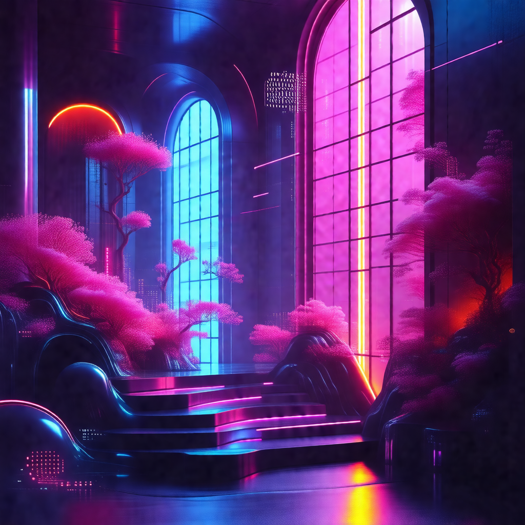 Digital painting of a futuristic room with a purple and b...