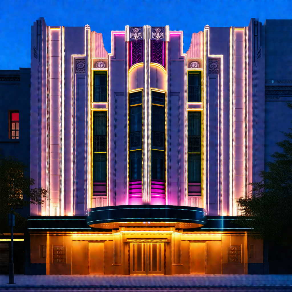 Large, ornate building with a pink and yellow facade