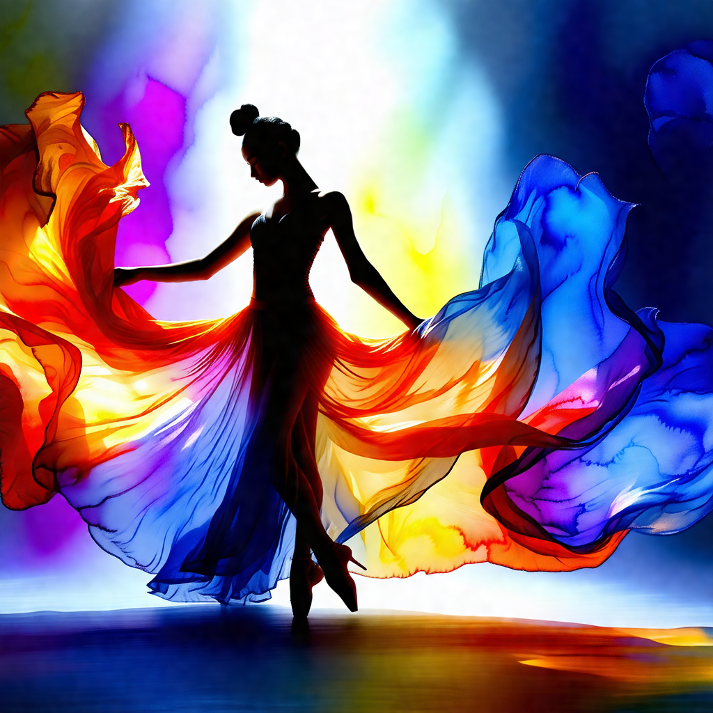 Woman in a flowing dress, standing in a room with a color...