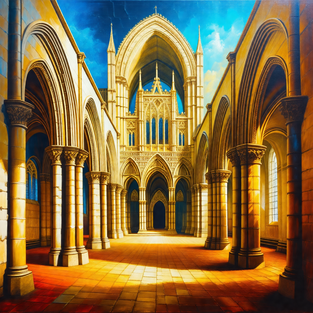 Painting of a large cathedral with a tall tower