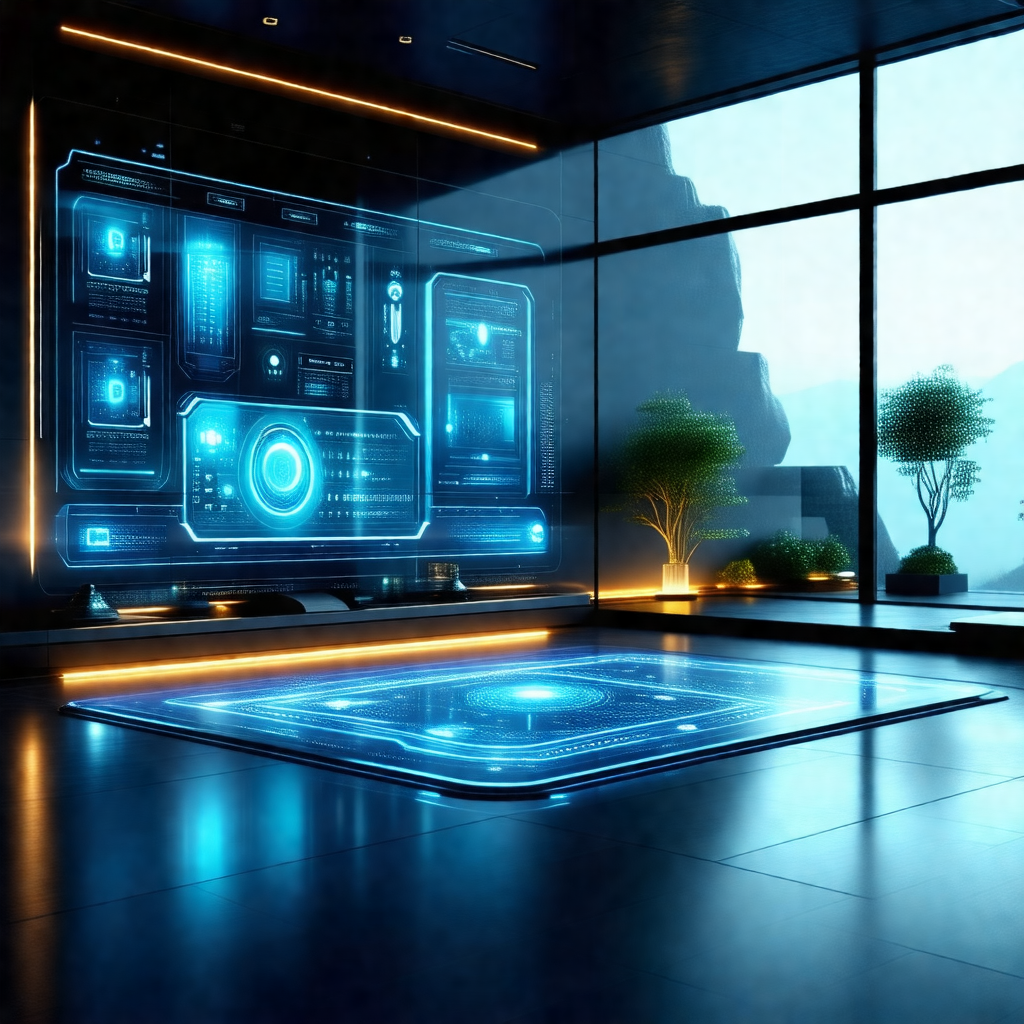 Room with a large, blue, illuminated wall