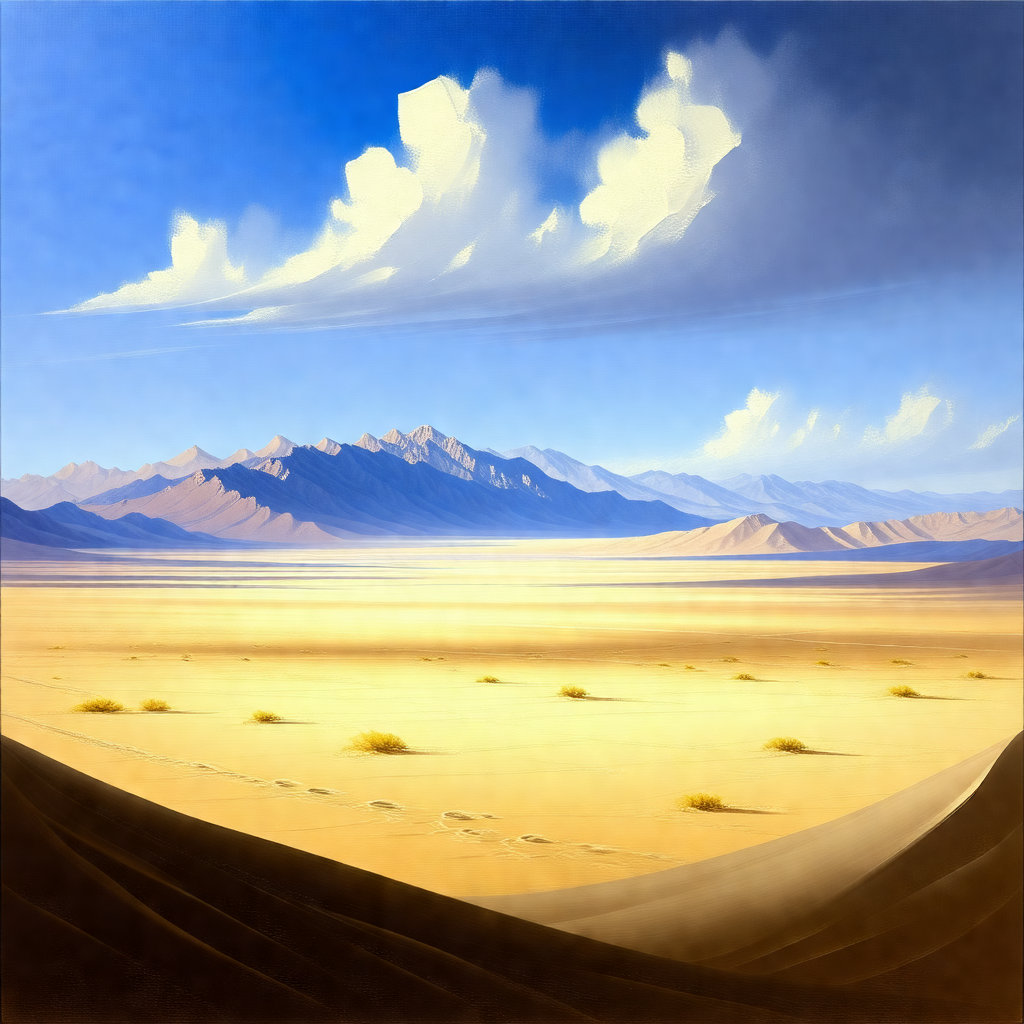 Vast desert landscape with a mountain range in the backgr...