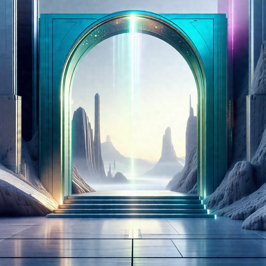 Large, blue, arched doorway that leads to a futuristic, r...