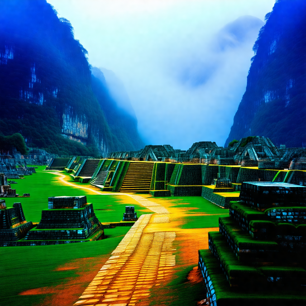Large, ancient stone structure with a long, winding road ...
