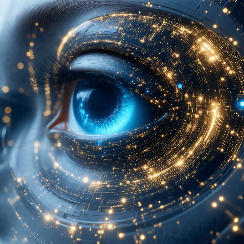 Close-up of a person's eye, with a blue iris and a yellow...