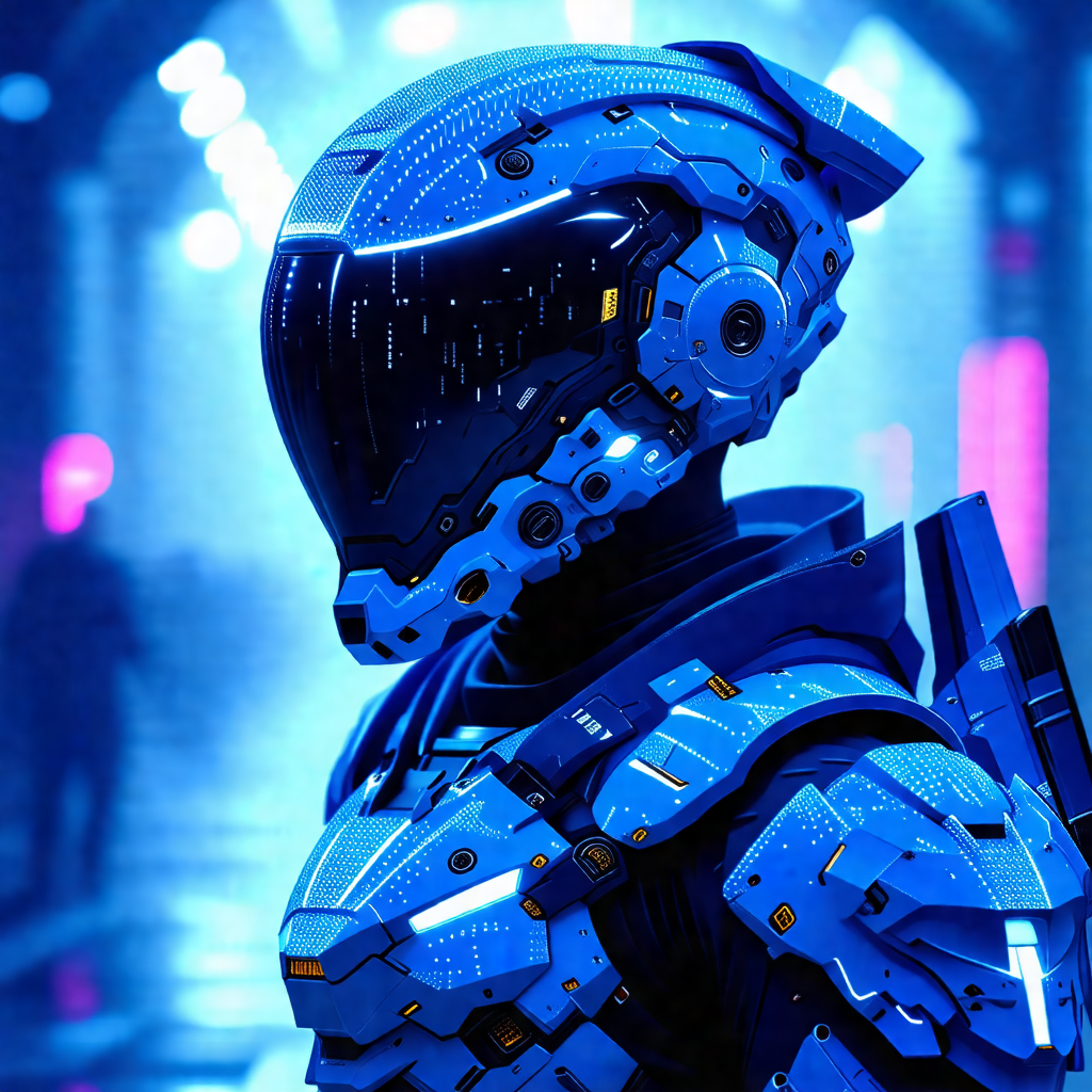 Futuristic robot with a blue helmet, standing in a dark room