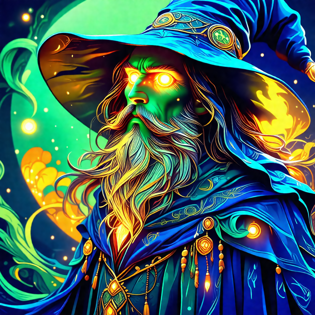 Wizard with a long beard and a blue hat, standing in fron...