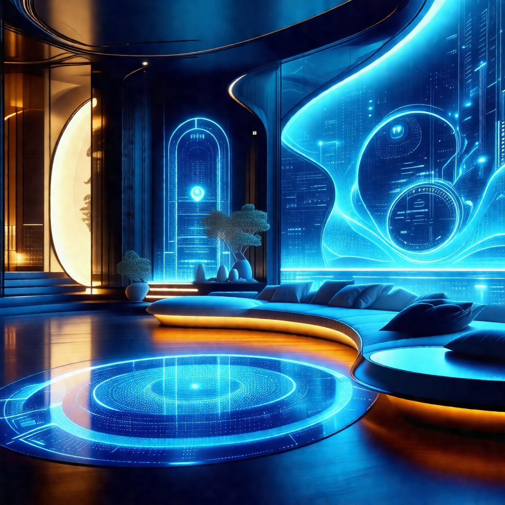 Futuristic living room with a blue and orange color scheme