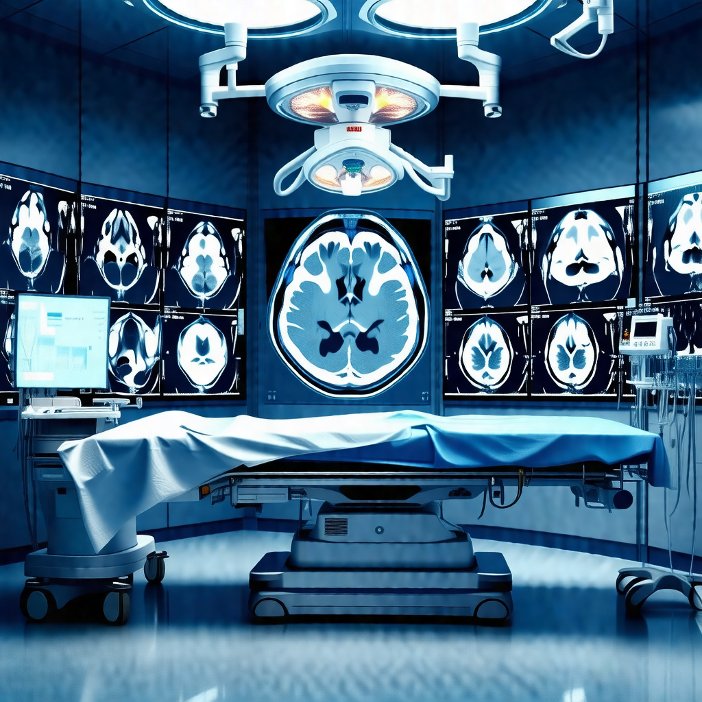 Hospital room with a large blue bed in the center
