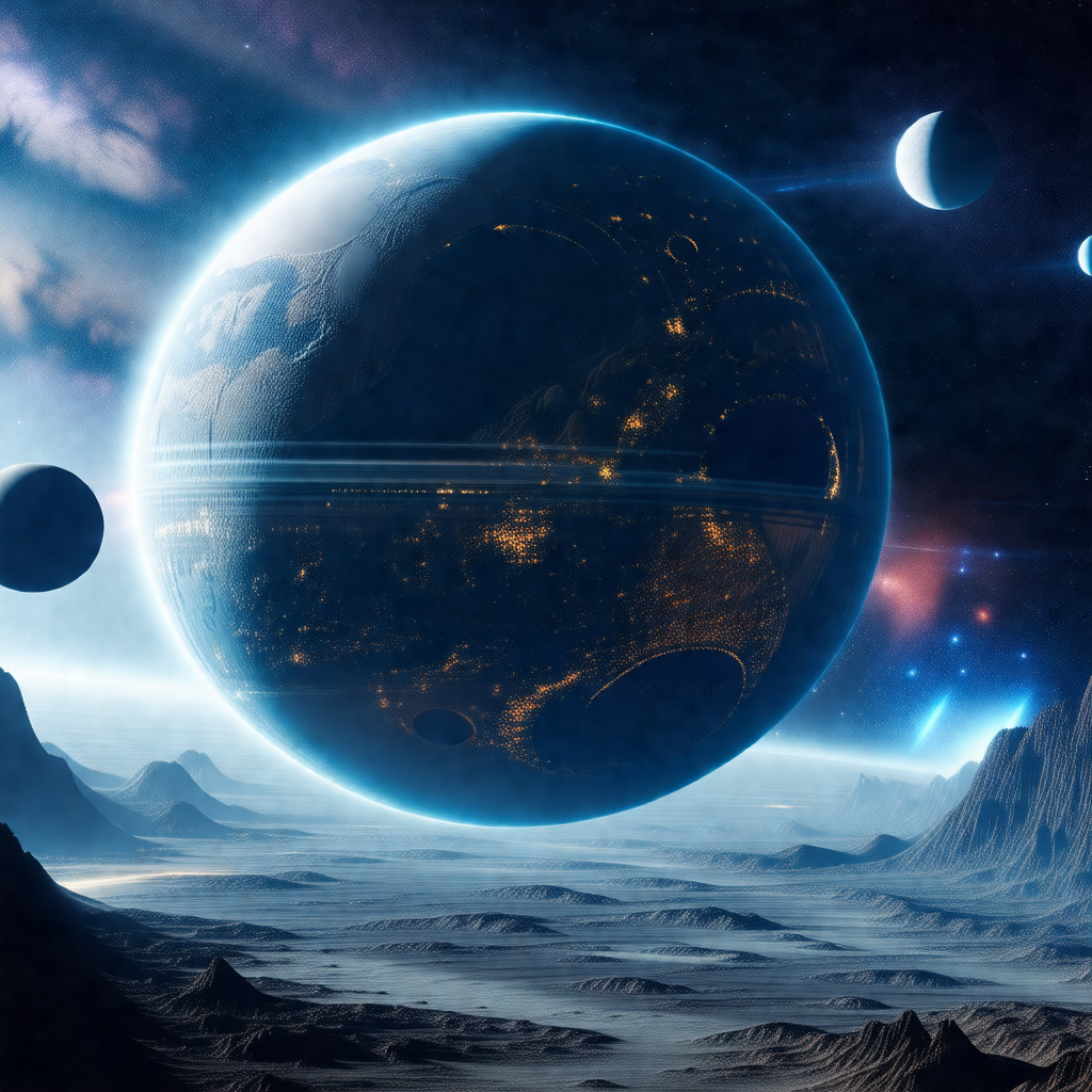 Large, dark, and round spacecraft floating in a vast, ope...