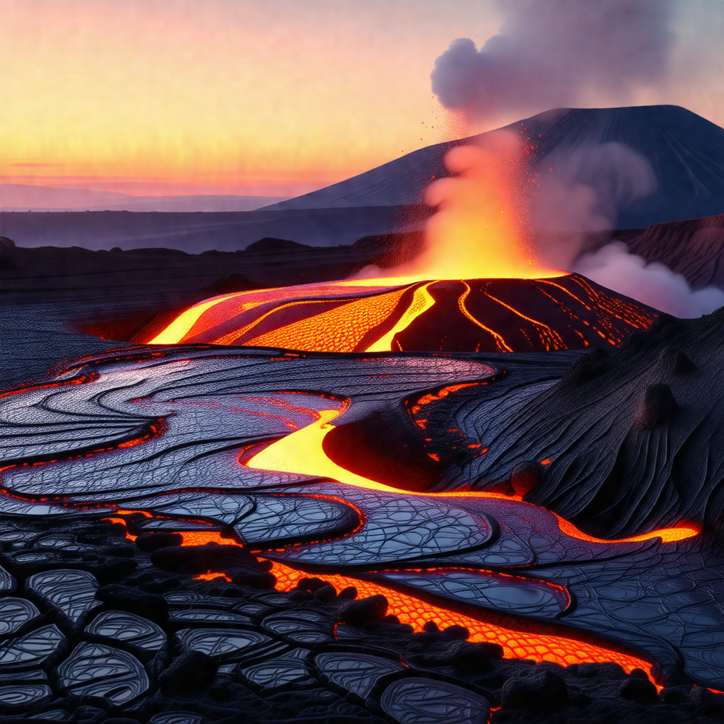 Volcanic landscape with a large, red-orange lava flow