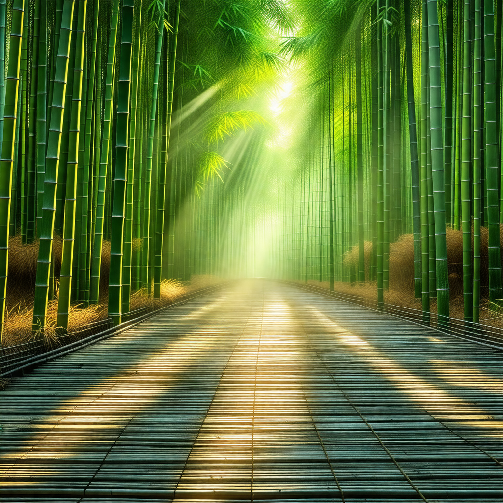 Pathway surrounded by a forest of tall, slender bamboo trees
