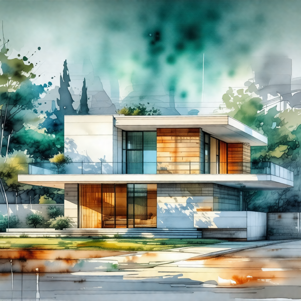 Painting of a modern, white house with a large window