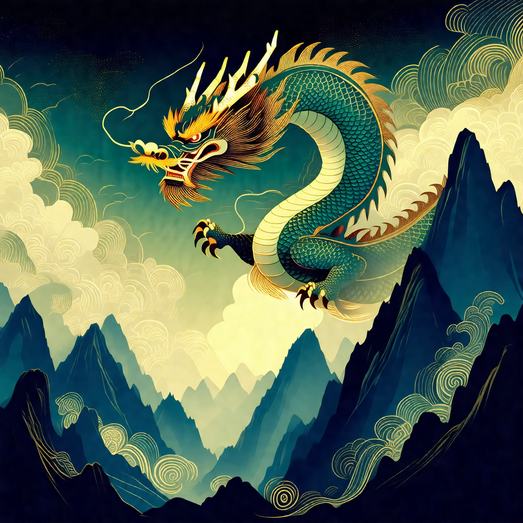 Large, colorful dragon flying through the sky
