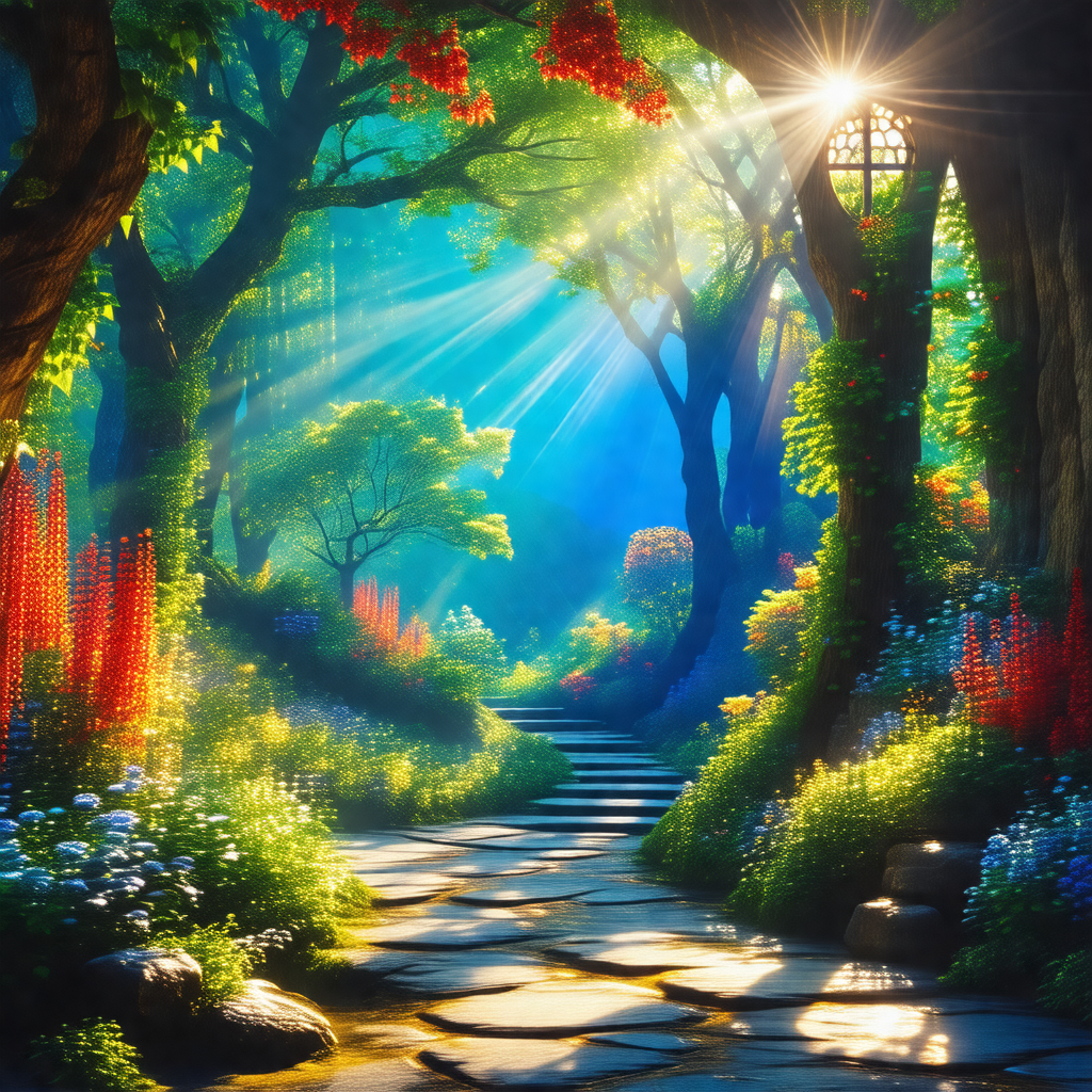 Colorful painting of a forest path, featuring a sunlit wa...