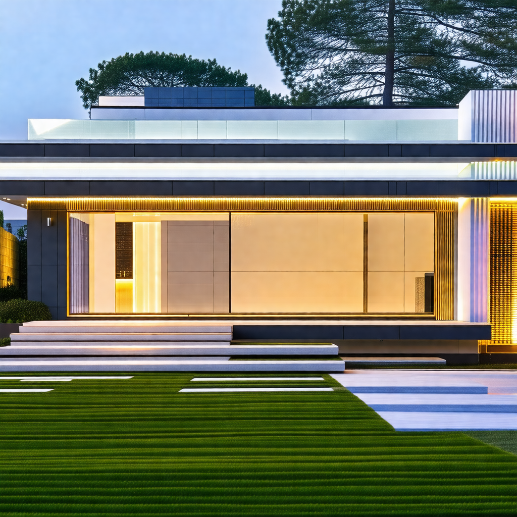 Large, modern house with a large glass wall
