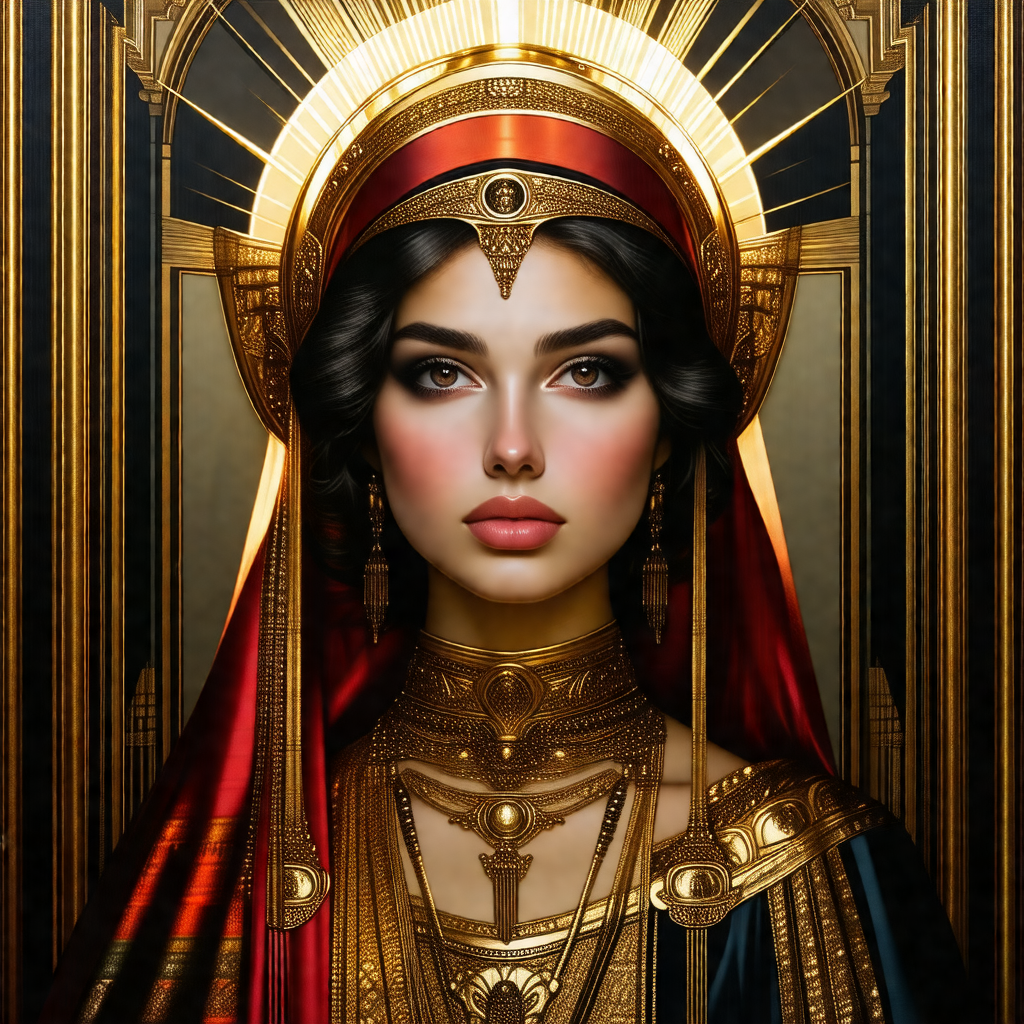Woman wearing a gold crown and a red veil, possibly a hoo...
