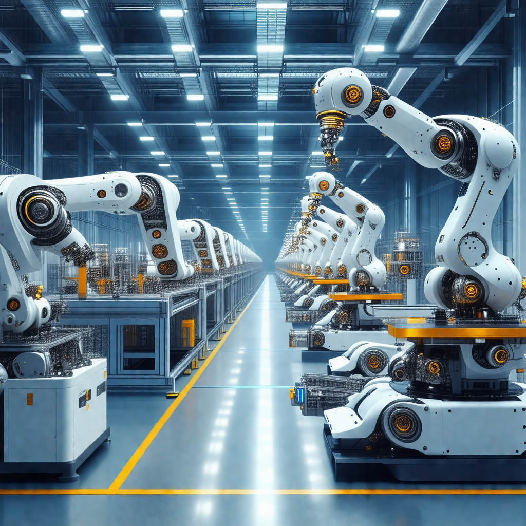 Factory with a large number of white robots lined up in a...