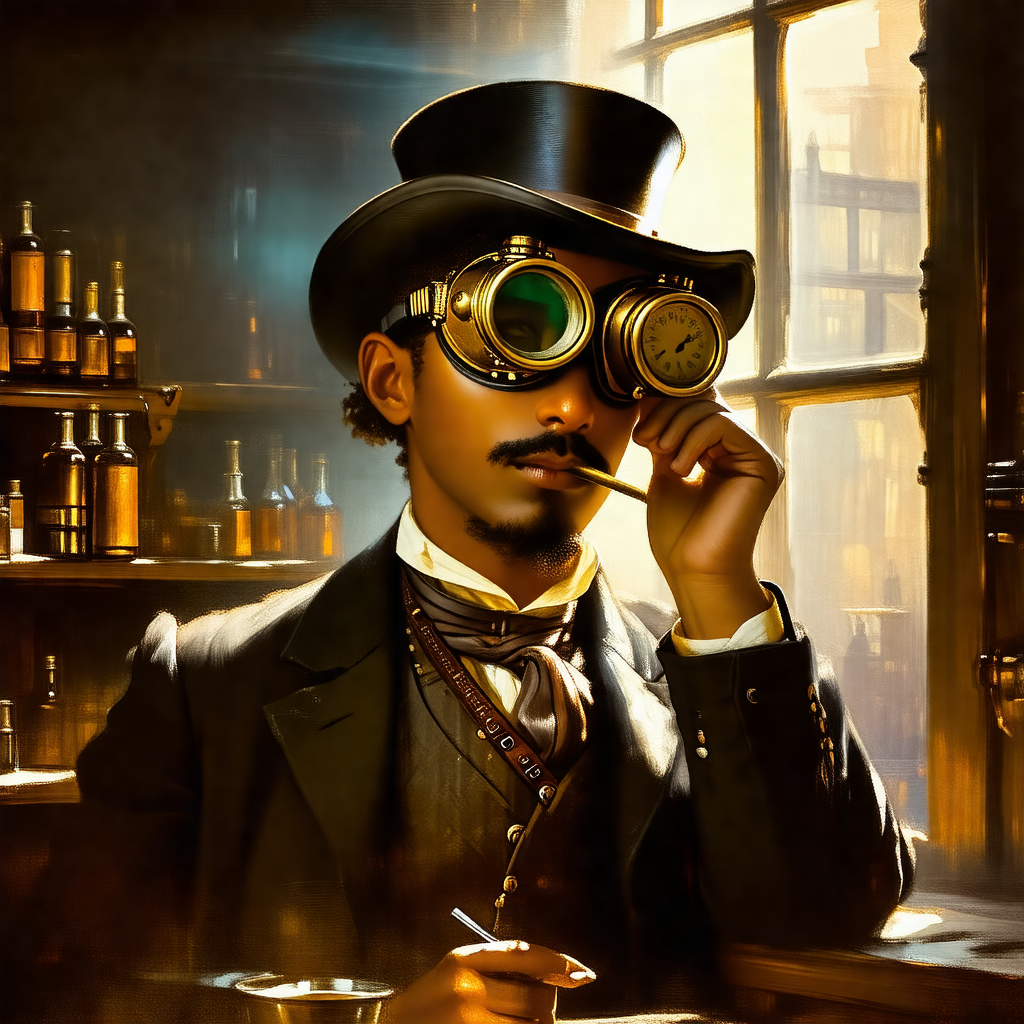 Man wearing a top hat and glasses, sitting at a bar