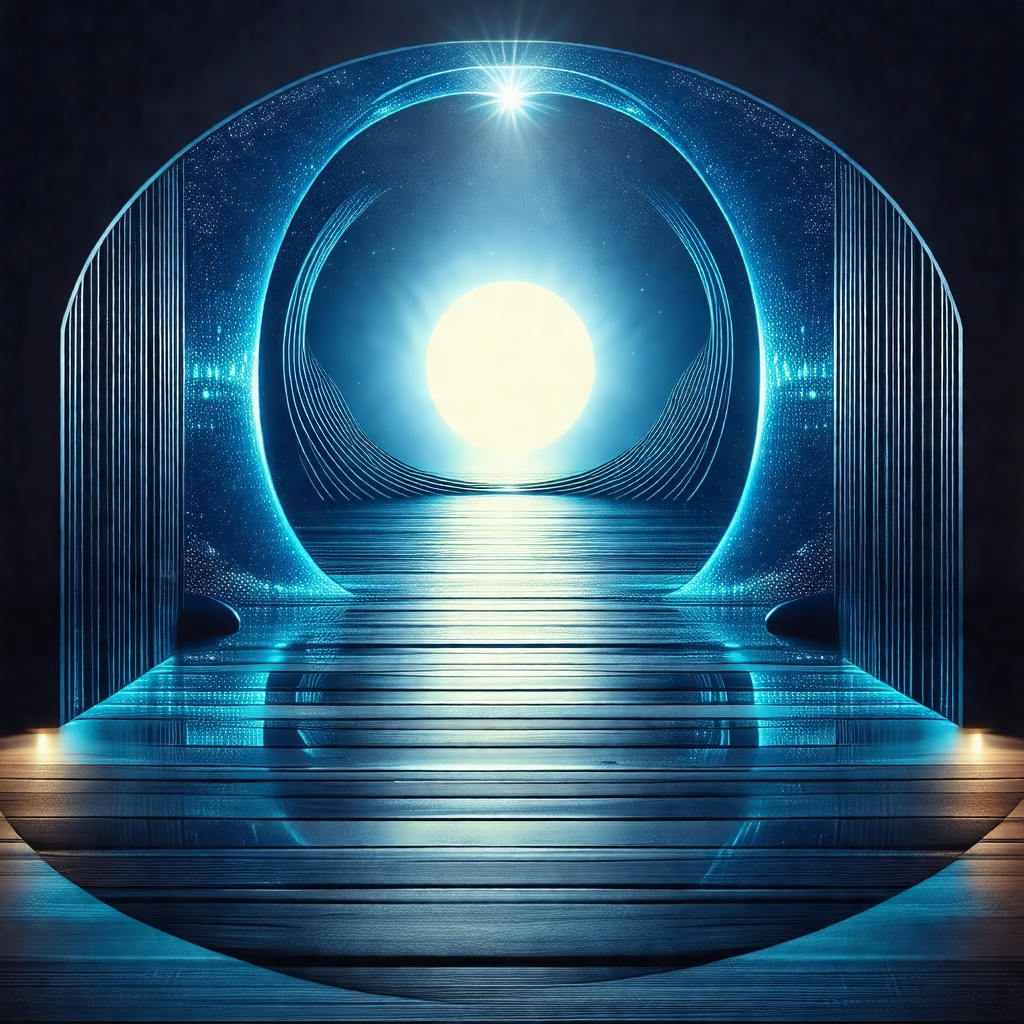 Futuristic scene with a large, blue, circular structure i...