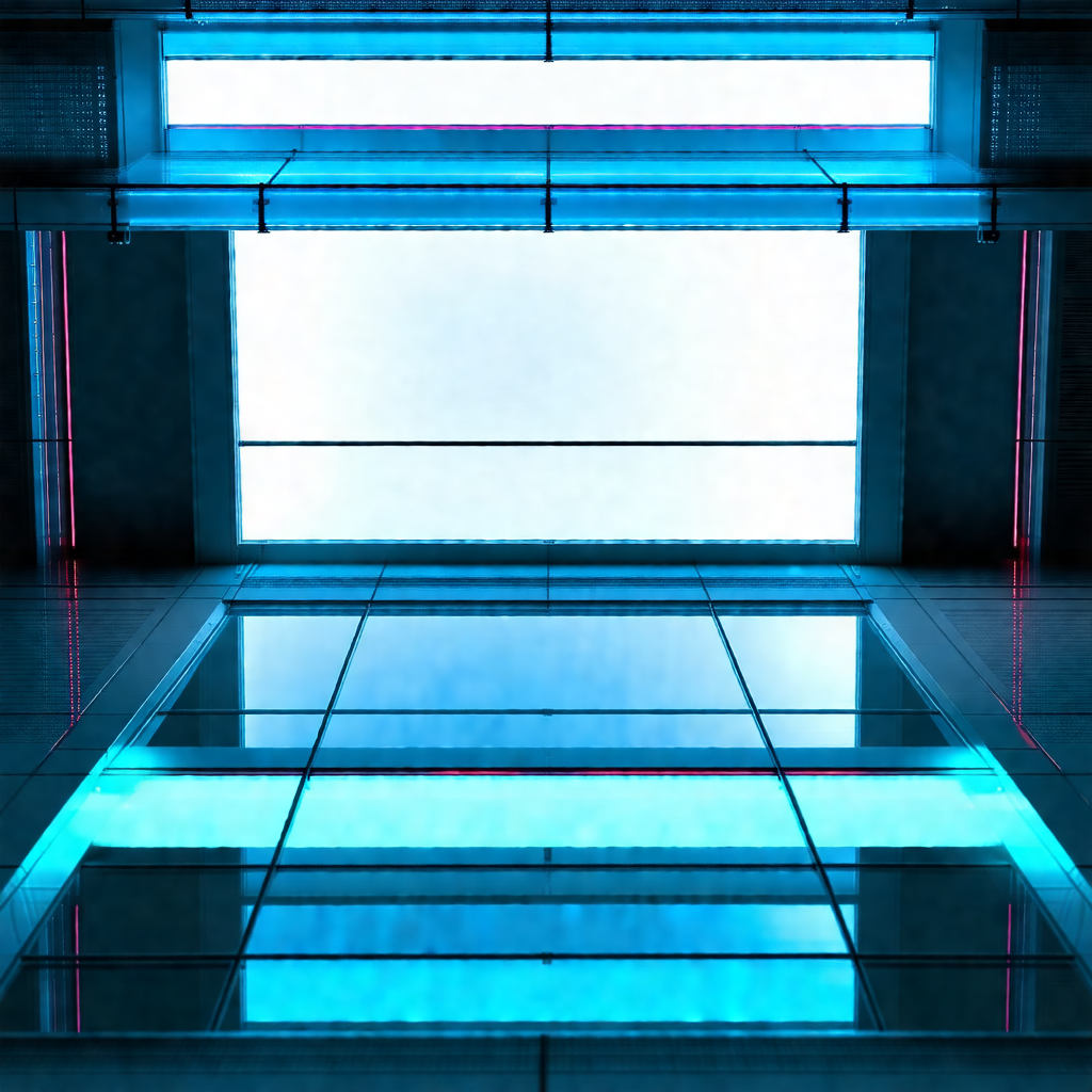Blue and white photograph of a building's interior