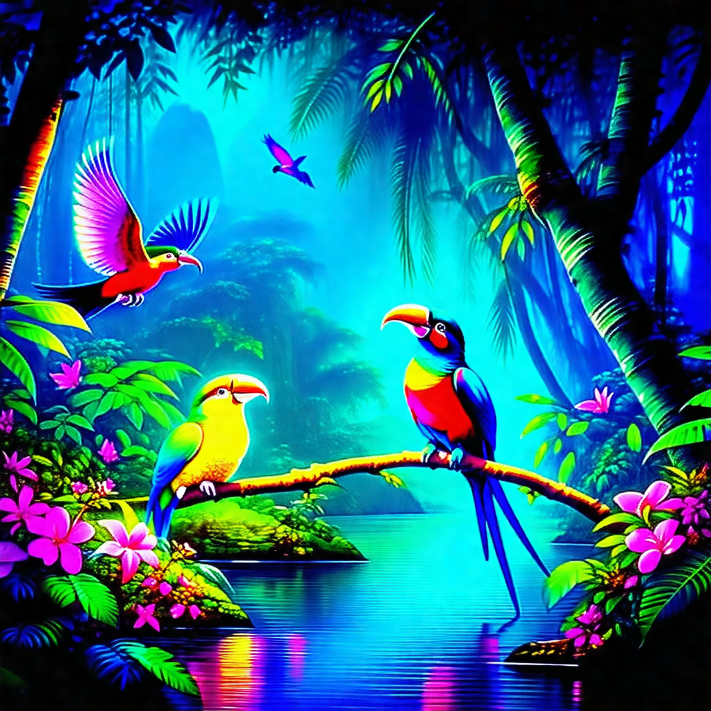 Lush, tropical forest with a variety of birds perched on ...