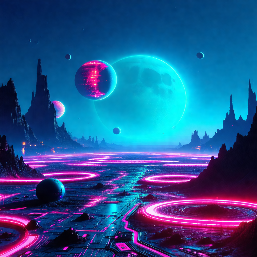Futuristic scene featuring a space station with a pink glow