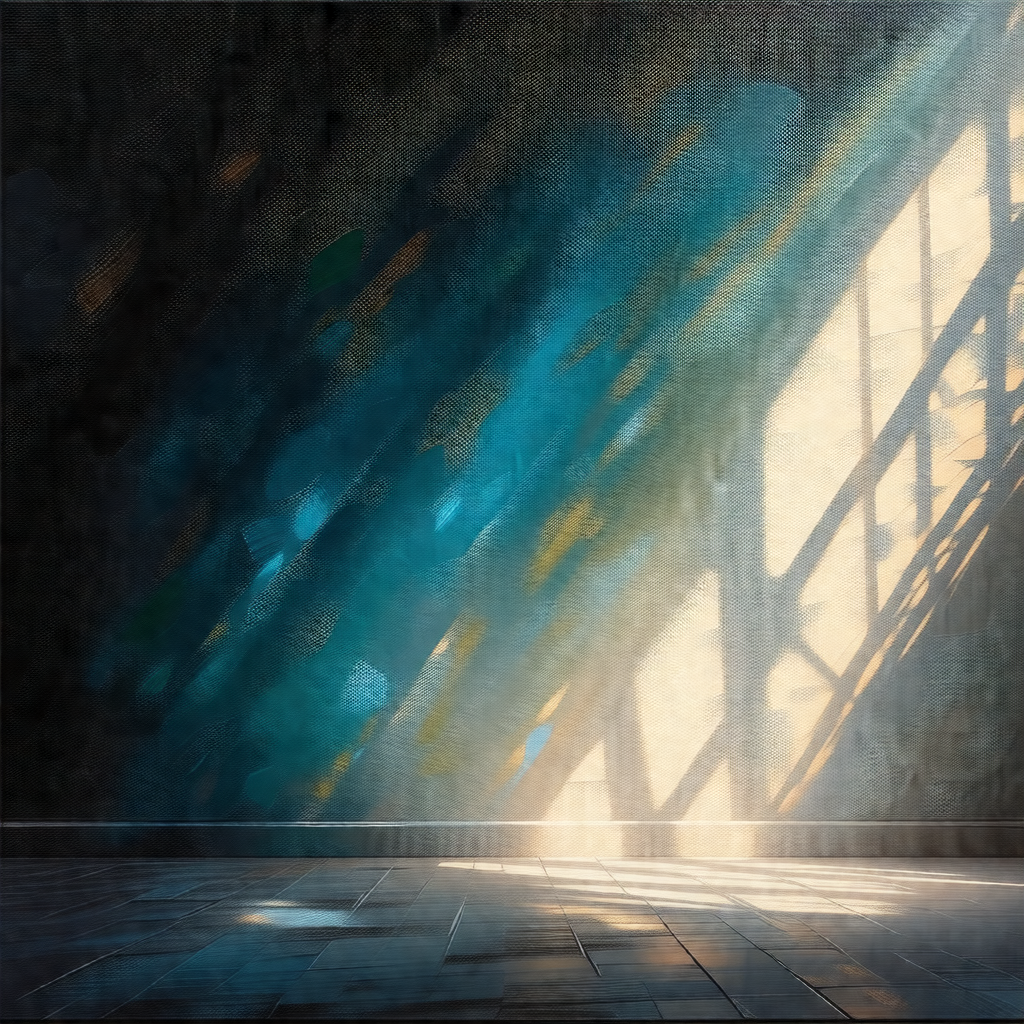 Painting of a room with a large window